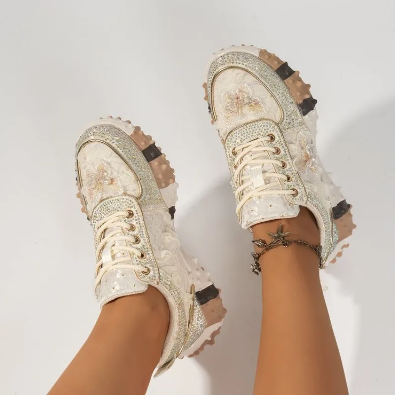 Women's Sneakers Chunky Platform Round Toe Lace-Up Rhinestone Butterfly Applique Studded Sole Casual Statement Footwear Style