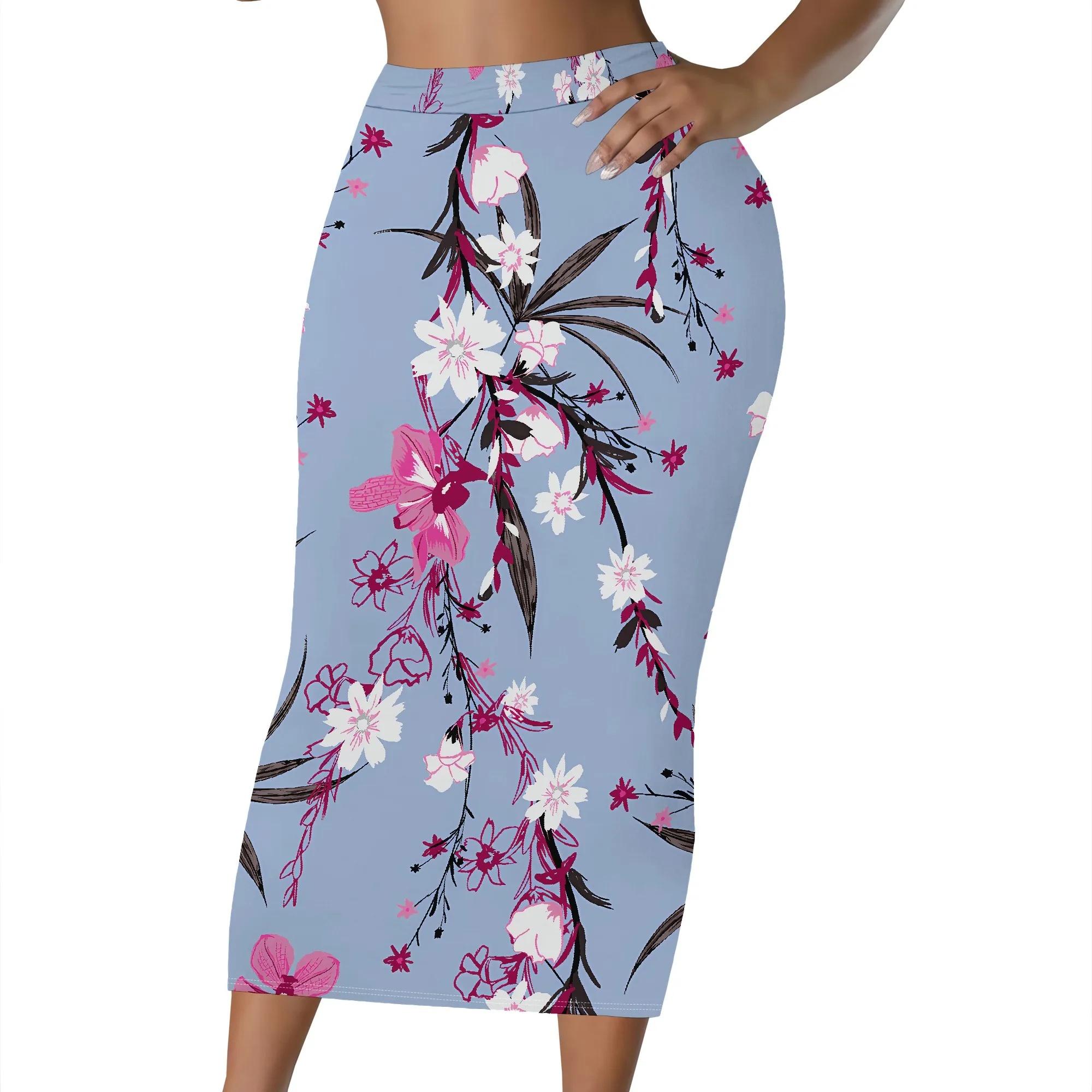 Blumendruck-Midirock, Rosa Blumen-Bleistiftrock, Blauer Botanischer Bodycon-Rock für Damen Büro- und Partykleidung, S-2XL – Detail 1