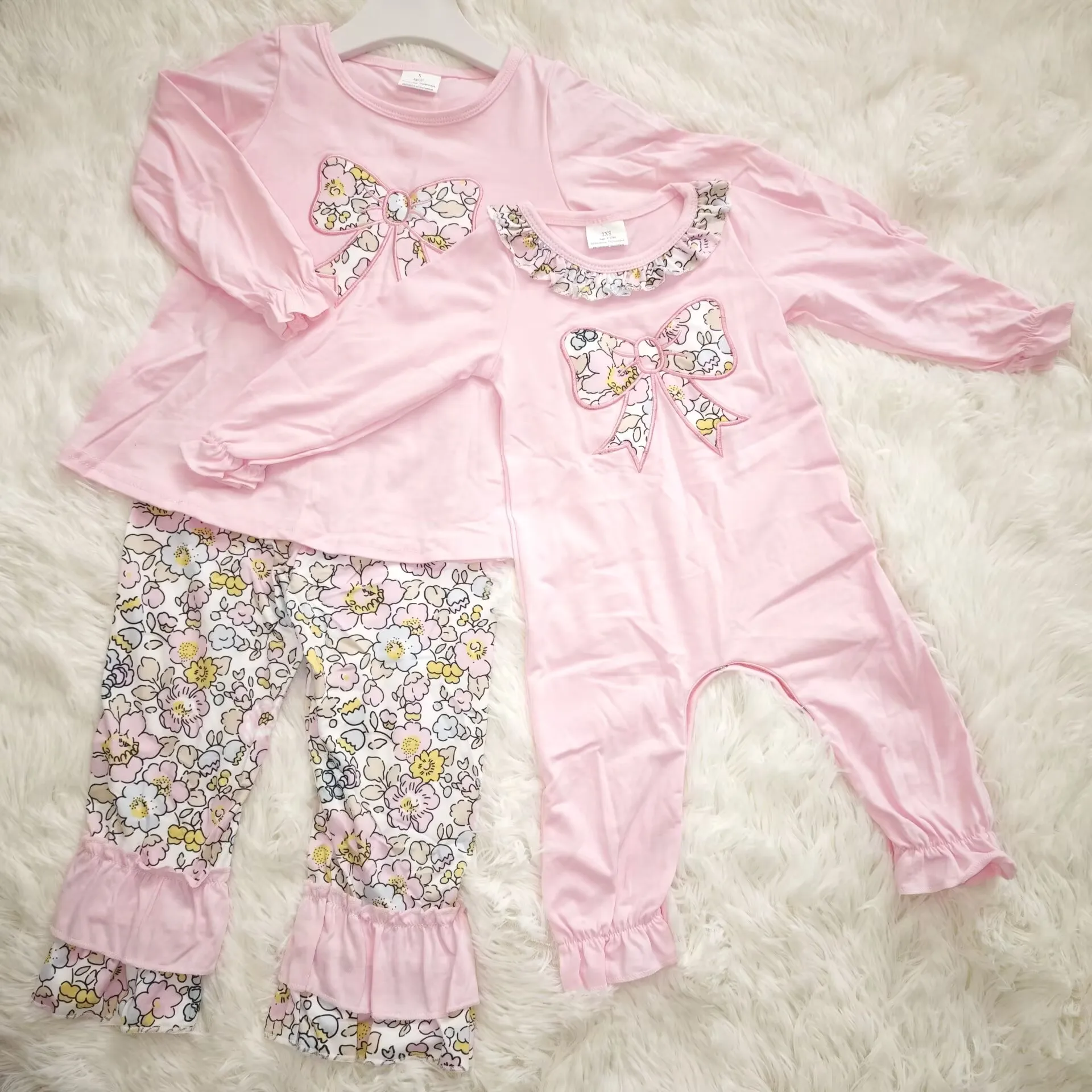 

GLP1836 Wholesale Summer kids clothes girl sets Embroidered flower bow long sleeve Pants Set Boutique baby girl clothes