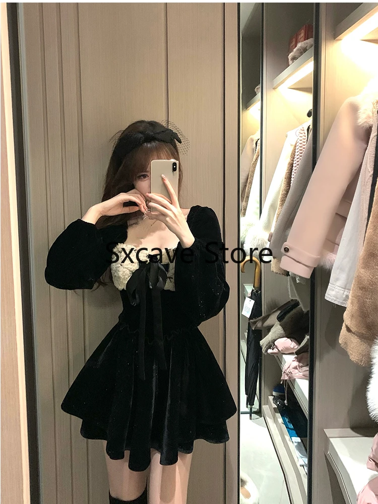 2023 Winter French Fashion Short Party Dress Women Casual Long Sleeve Elegant Sweet Black Velvet Dress One Piece Dress Korean