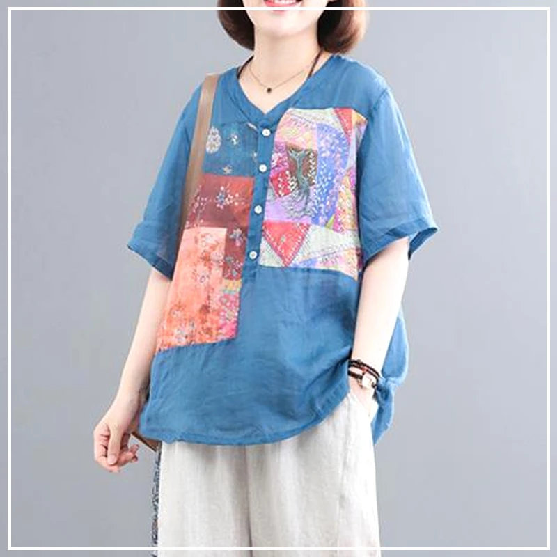 

Summer Ethnic Tribal Style Casual Loose Oversize Fashion V-neck Retro Artistic Print Versatile Short Sleeved Shirt for Women