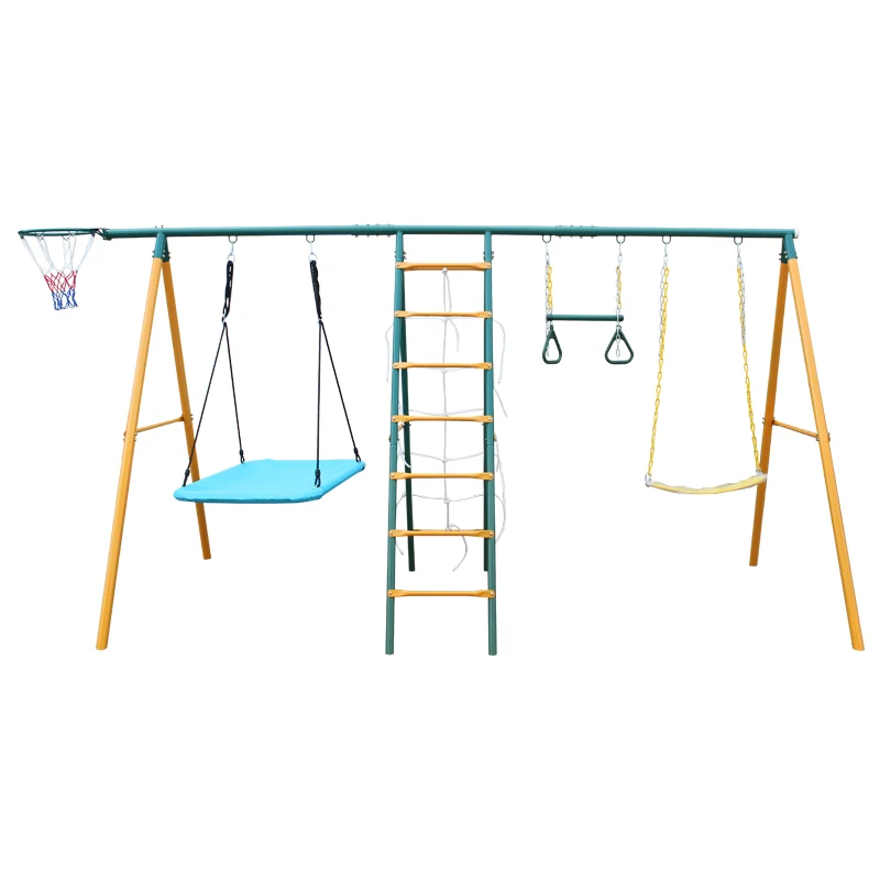 wr-Multifunction Outdoor Kids Metal Swing With Basketball Hoop,Garden Colorful Climbing Frame and Belt Seat Swing*