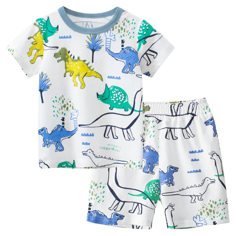 

2024 Summer New Cartoon Dinosaur Boys Sets Thin Children's Clothing Short Sleeve T-Shirts + Sports Shorts Beach Kids Wear 2PCS