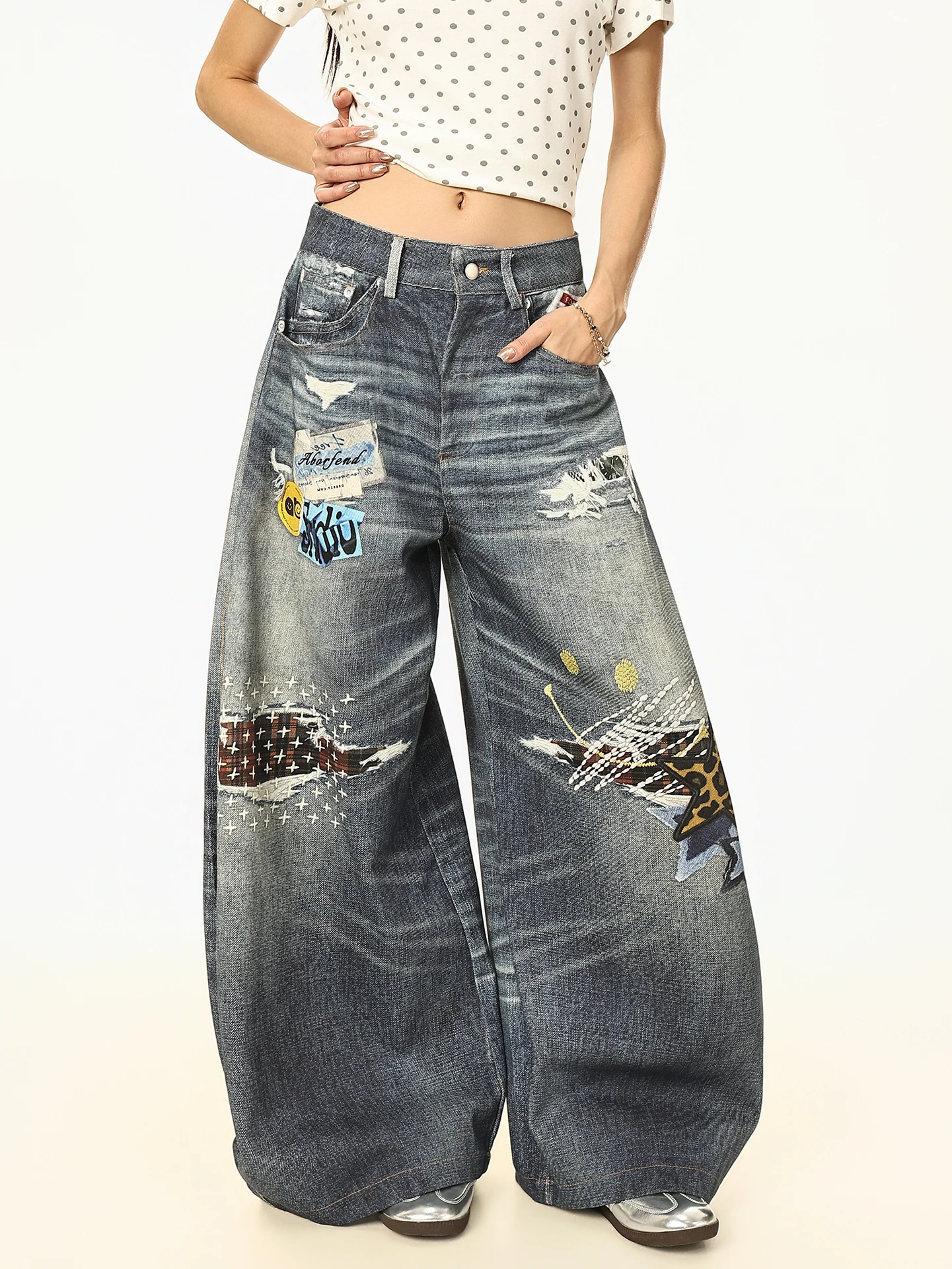 

High Waist Wide Leg Jeans Women's Summer Loose Fit Printed Waed American Sle High Street Vintage Denim Pants