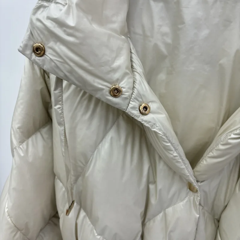 Schinteon Women White Duck Down X-Long Jacket Autumn Winter Warm Office Lady Outwear with Hood Belt Argyle Fashionable Coat 2025