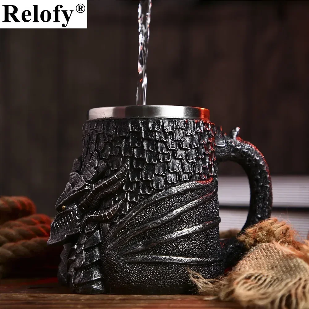 Medieval Dragon Resin Stainless Steel Beer Mug Retro Tankard Skull Coffee Cup Tea Mug Tumbler Bar Decor Drop Shipping，450/600ml