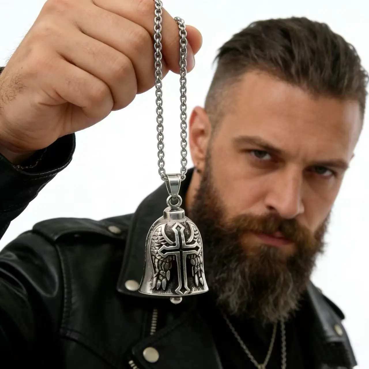 Punk 316L Edelstahl Schutzglocken-Halskette Anhänger für Männer Biker-Glocke Gremlin Glücksbringer Motorradfahrer-Accessoires Geschenkbox – Detail 9
