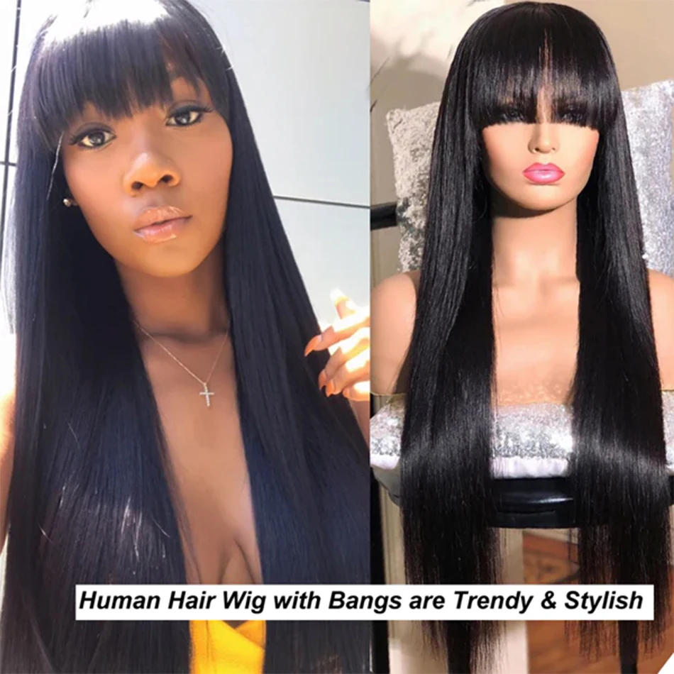 30 Inch Long Bone Straight Human Hair Wig With Bangs Short Bob Human Hair Wigs For Black Women Glueless Brazilian Fringe Wig