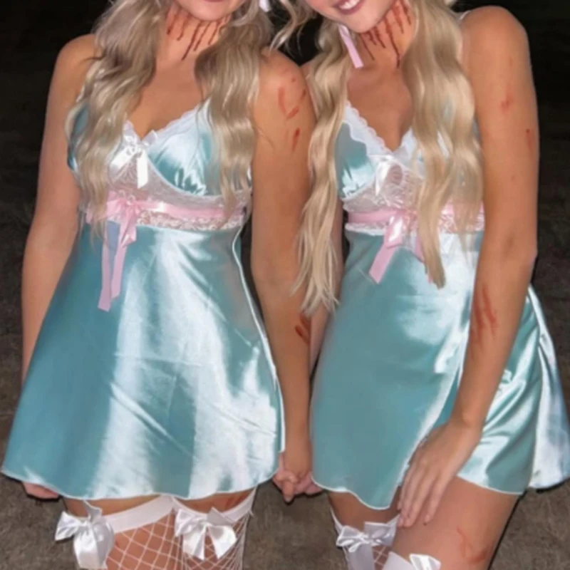 التوائم فتاة الجنية تأثيري ألف خط فستان أزياء الهالوين Y2k الدانتيل تقليم الخامس الرقبة فستان الساتان الحرير Bowknot بلا أكمام فستان قصير #2