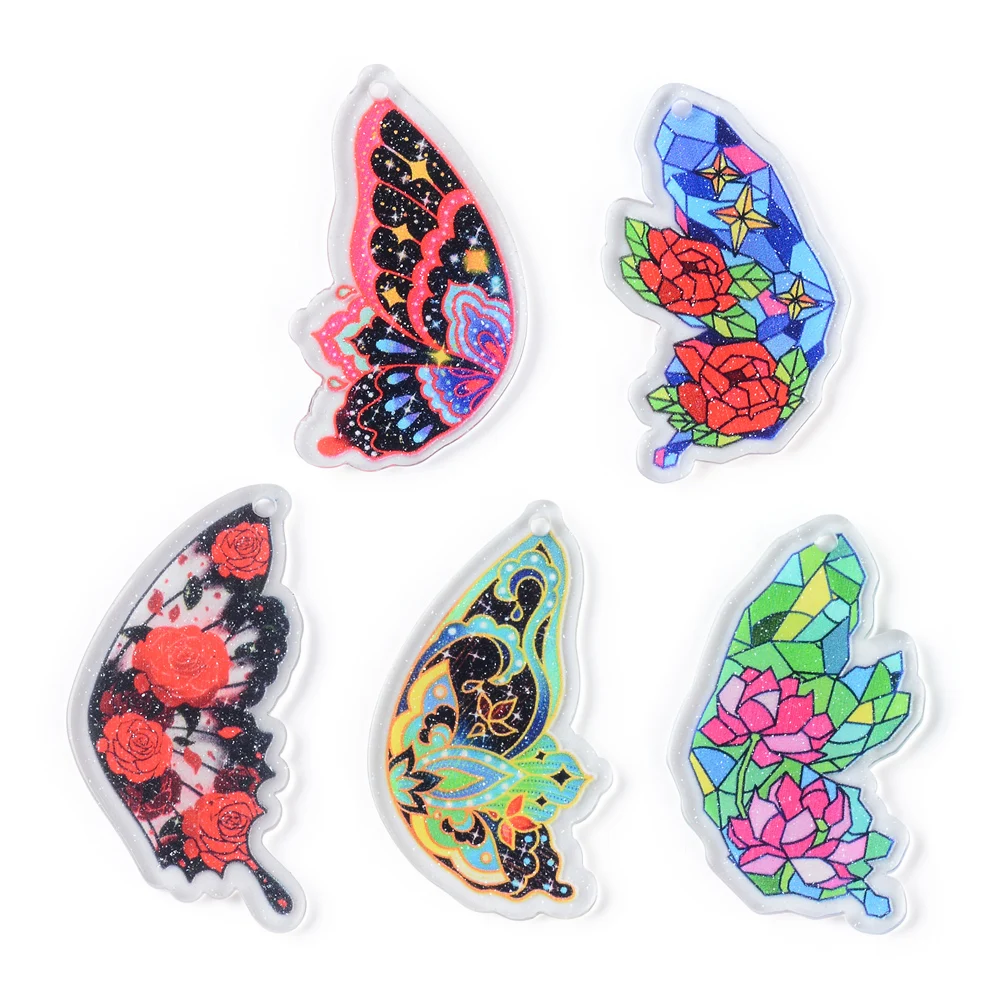 6pc Butterfly/Animal/Rose Painting Acrylic Pendant Jewelry Accessories Handmade Connector DIY Women\'s Earring Components