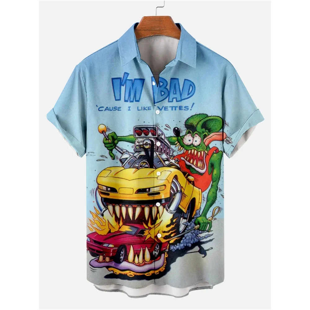 Animal desenho animado masculino Camisa havaiana com estampa 3D, manga curta, moda casual, roupa de verão, 2024