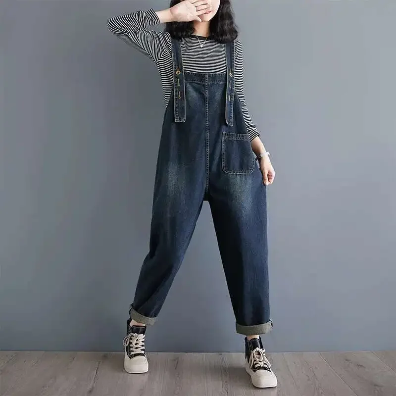 #1427 Blue Straight Denim Jumpsuits Women Ankle-legnth Streetwear Denim Overalls Female Loose Ladies Rompers Jumpsuits Spring