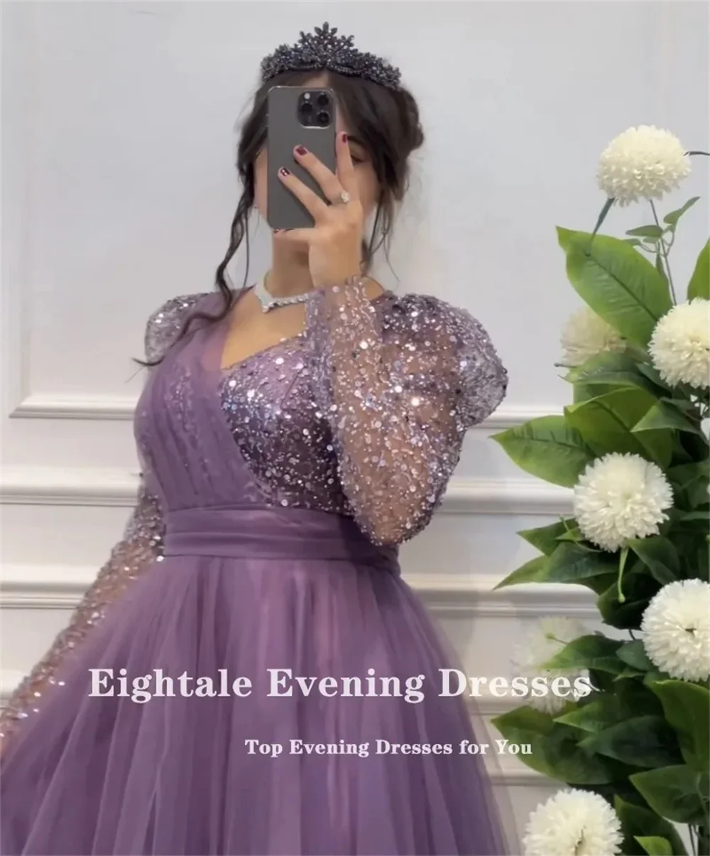 Cathy Purple Tulle V-neck Wedding Dresses Glitter Top A-line فساتين سهرة Elegant Sleeves Floor-length vestidos de fiesta 2024