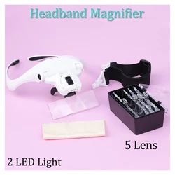 Eyelash Extensions 5 Lens Adjustable Headband Magnifying Glass Magnifier LED Light 1.5/2.5/3.5 Magnifying Glasses For False Lash