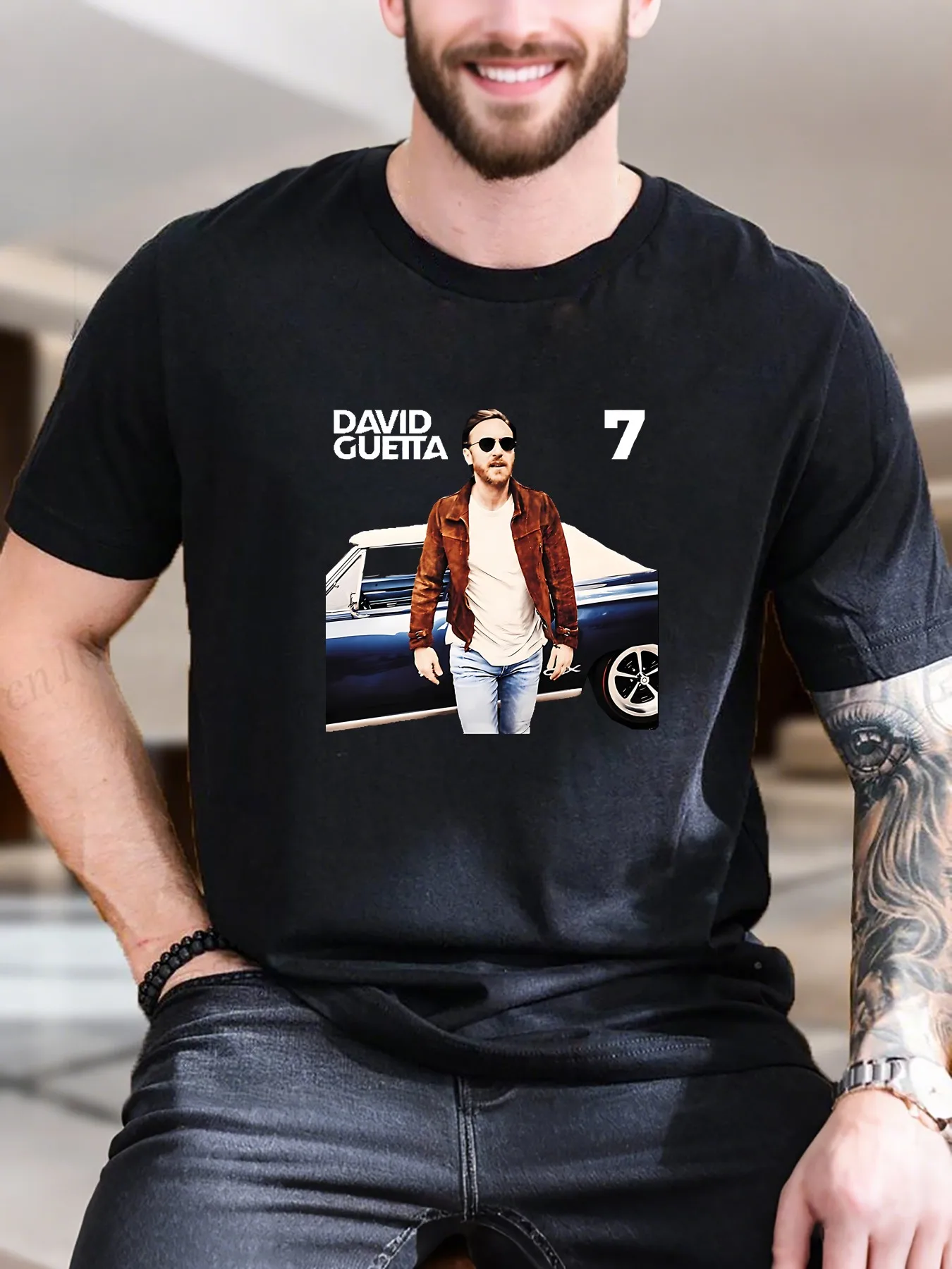 

New Arrival Fashion Men's Graphic Print T-Shirt Stylish Sunglasses Brown Jacket Car Design 100% Cotton Breathable Comfort Casual