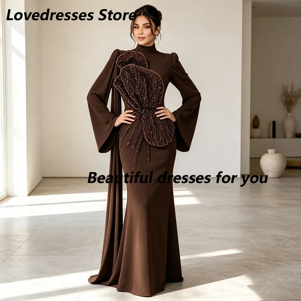 Maßgeschneidertes elegantes braunes Meerjungfrauenkleid für die Brautmutter, hochgeschlossenes Kleid mit Glockenärmeln, handbestickt mit 3D-Blumenblättern, Hochzeitsgastkleid