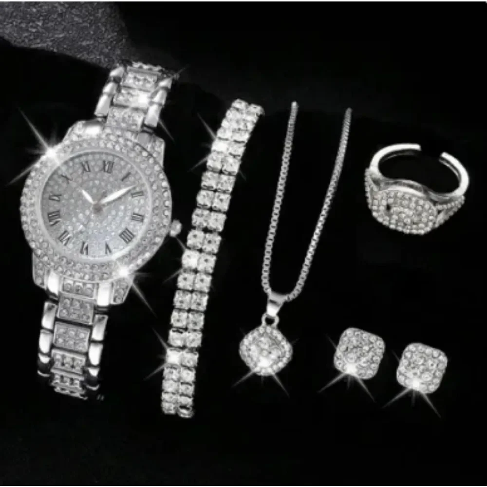 6pcs/set Women\'s Watch Luxury Rhinestone Quartz Watch Hiphop Fashion Analog Wrist Watch & Jewelry Set, Gift For Mom Her