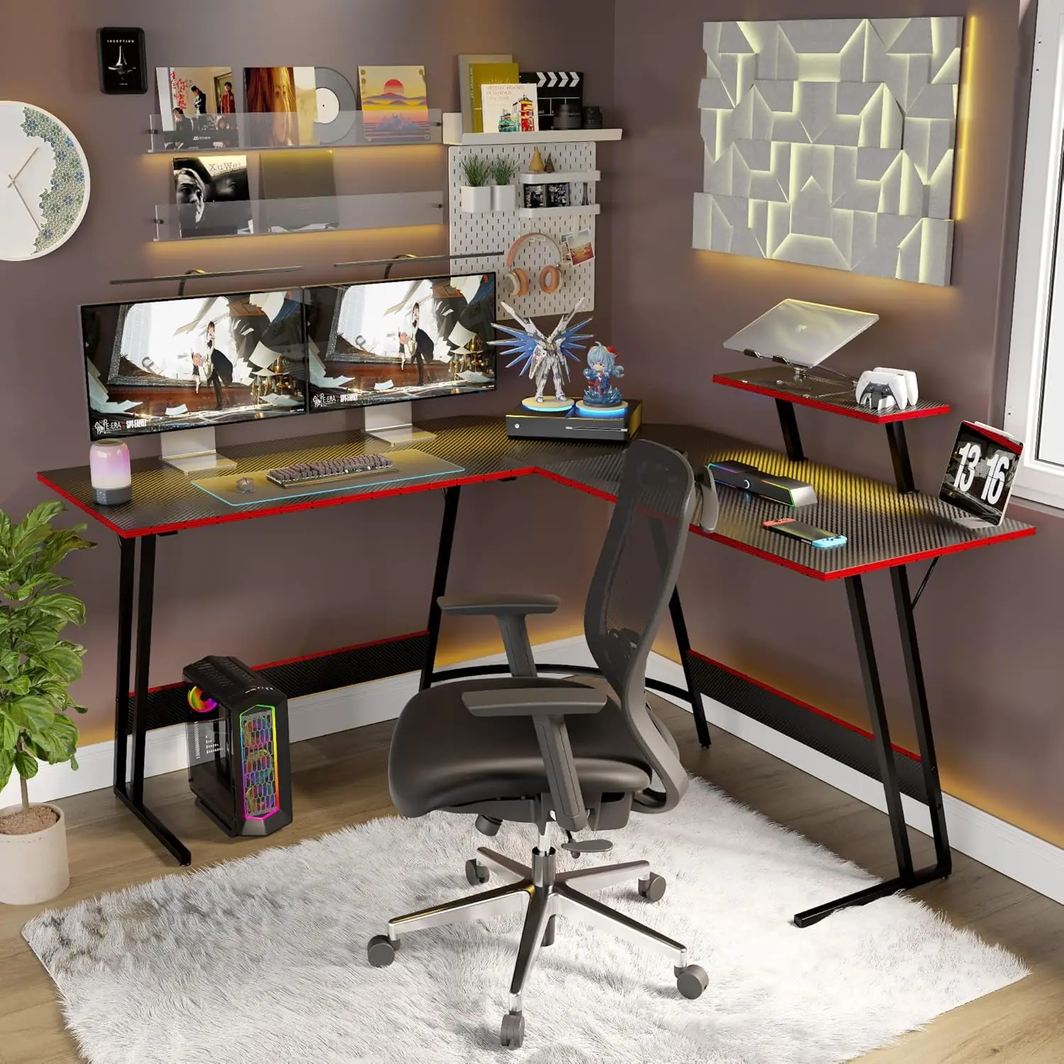 Shahoo L Shaped Gaming Desk, 66 Inch Computer Corner Table with Large Monitor Stand & Carbon Fiber Surface for Home Office