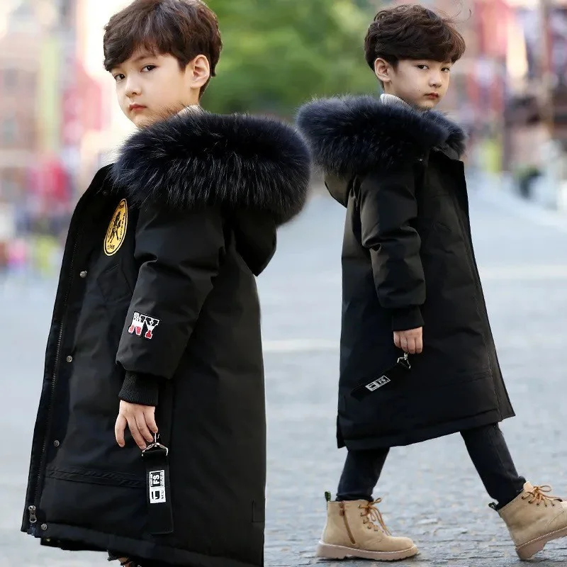 -30℃ Winter Boys Long Cotton Clothes Jackets Big Children Thick Velvet Warm Parka Coats Kids Snowsuit Outerwear 5-12Y