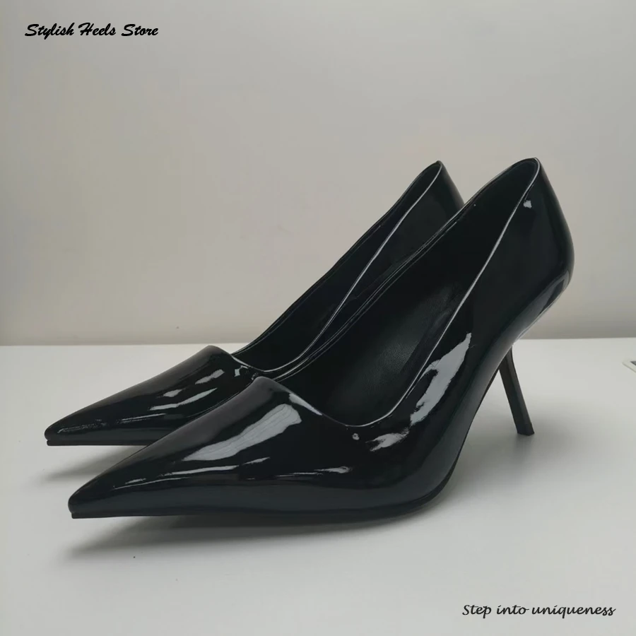 Stylish Patent Leather Stiletto Pumps Pointed Toe Sculptural Wedge Heel Shoes Women's Shallow Slip On Pumps for Office Outfits