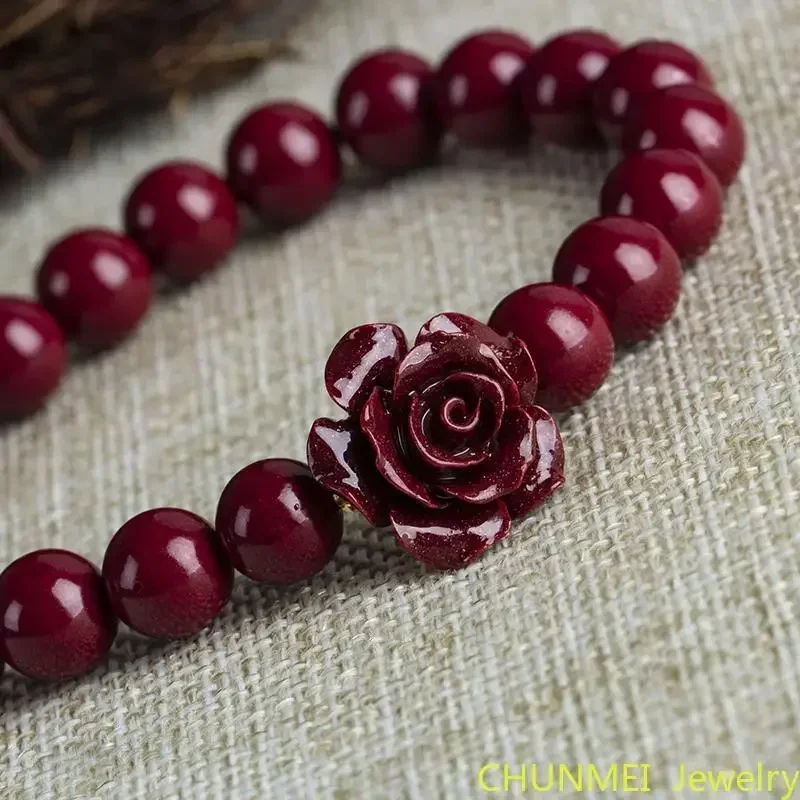 Handmade Rose Natural Cinnabar Bracelet Emperor High Content Cinnabar Lady Versatile Hand String Cinnabar Beads