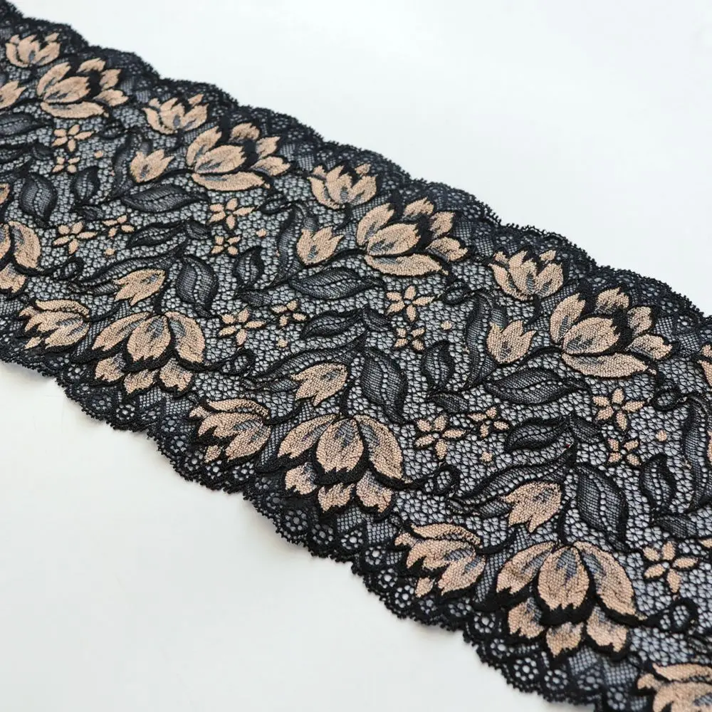 

2YDS 16CM Wide Dark Gold Floral Embroidered Stretch Elastic Lace Trim Black For Garment Bra Lingerie Sewing Fabric DIY Trimmings