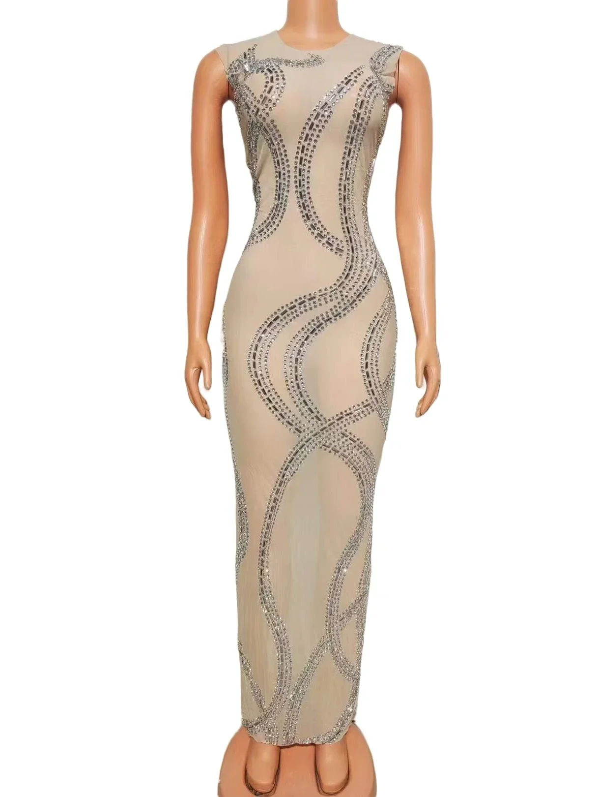 Mesh Sheer Elegantes Ärmelloses Langes Kleid Für Frauen Schwangere Heißer Bohren Prozess Strass Geburtstag Königin Drag Queen Kostüm