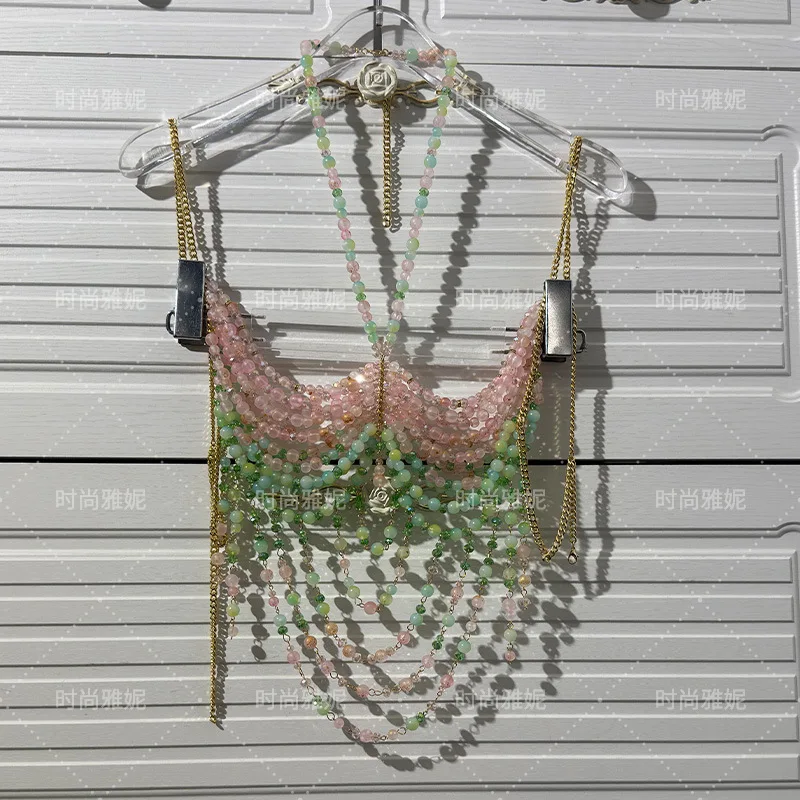 New Women's Sexy Hottie Body Chain Corset Gradient Beaded Jewelry Hot Rave Beach Beaded Neck Outfit Top