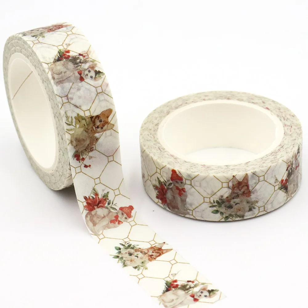 NEW 1PC 15mm*10m Cozy Christmas Cats Dogs Animals Washi Tape Scrapbook Paper Masking Adhesive Merry Christmas Washi Tape