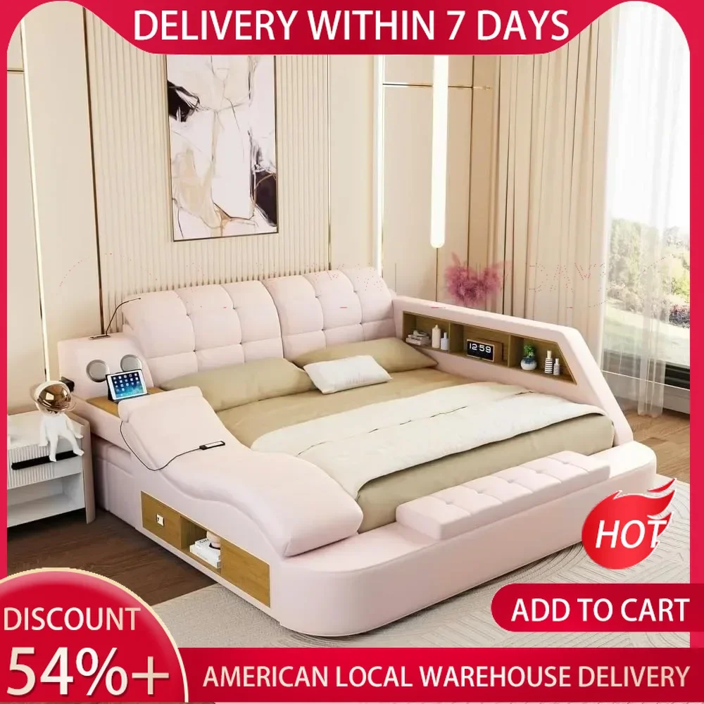 Multifunction Smart King Bed Frame,Leather Bedroom Bed Furniture with Massage Recliner, Bluetooth Speaker, USB Charging Station