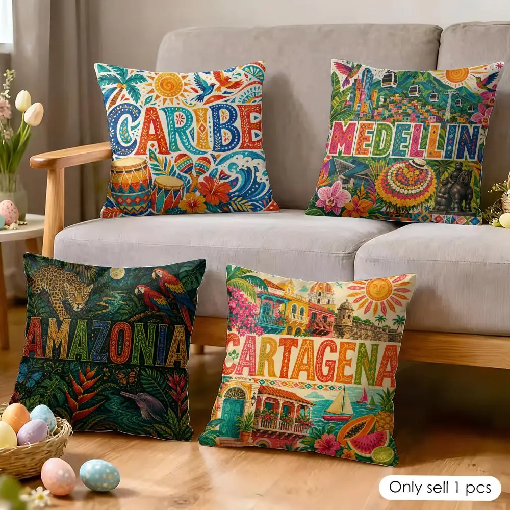 Colombia Folk Travel Cushion Cover Soft Short Plush Pillow Cover Smooth Cozy Texture Aesthetic Cushion Case Home Decor