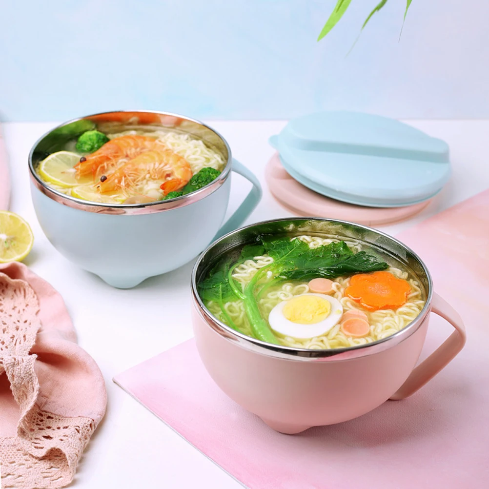 

Stainless Steel Noodles Bowl Lunch Box Blue Double Layers Lid Portable Handle Food Container Home Office