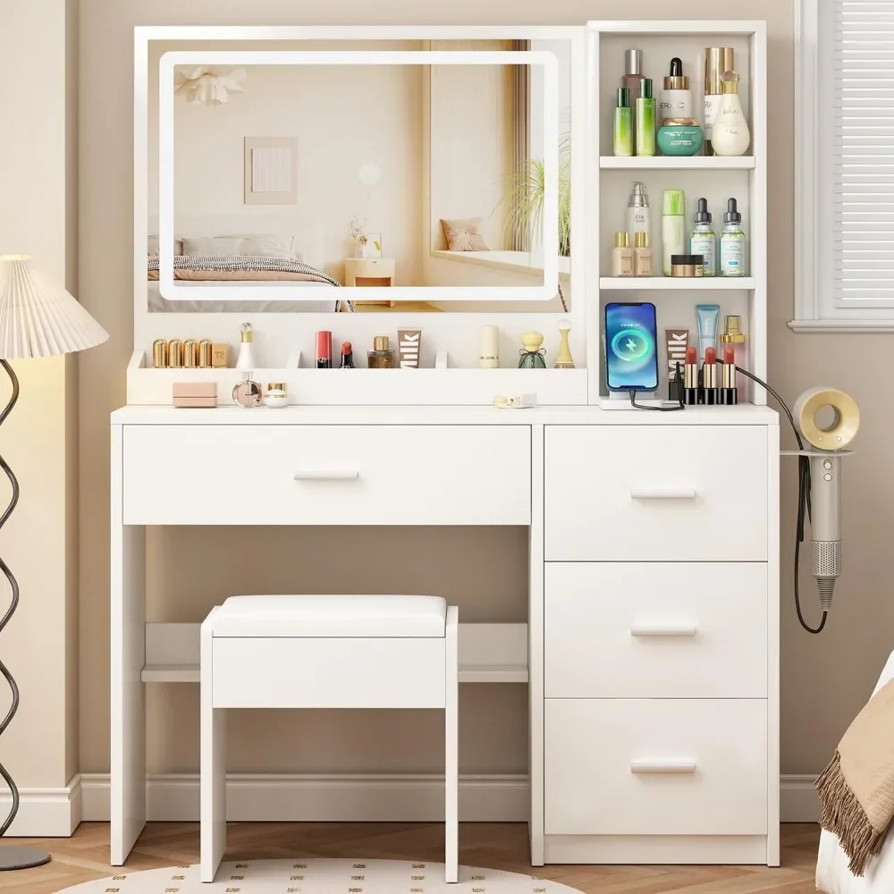

Vanity Desk with Mirror and Lights, 4 Drawers & Benches Vanity Desk Set, 3 Color Lighting Modes Adjustable Brightness Vanity