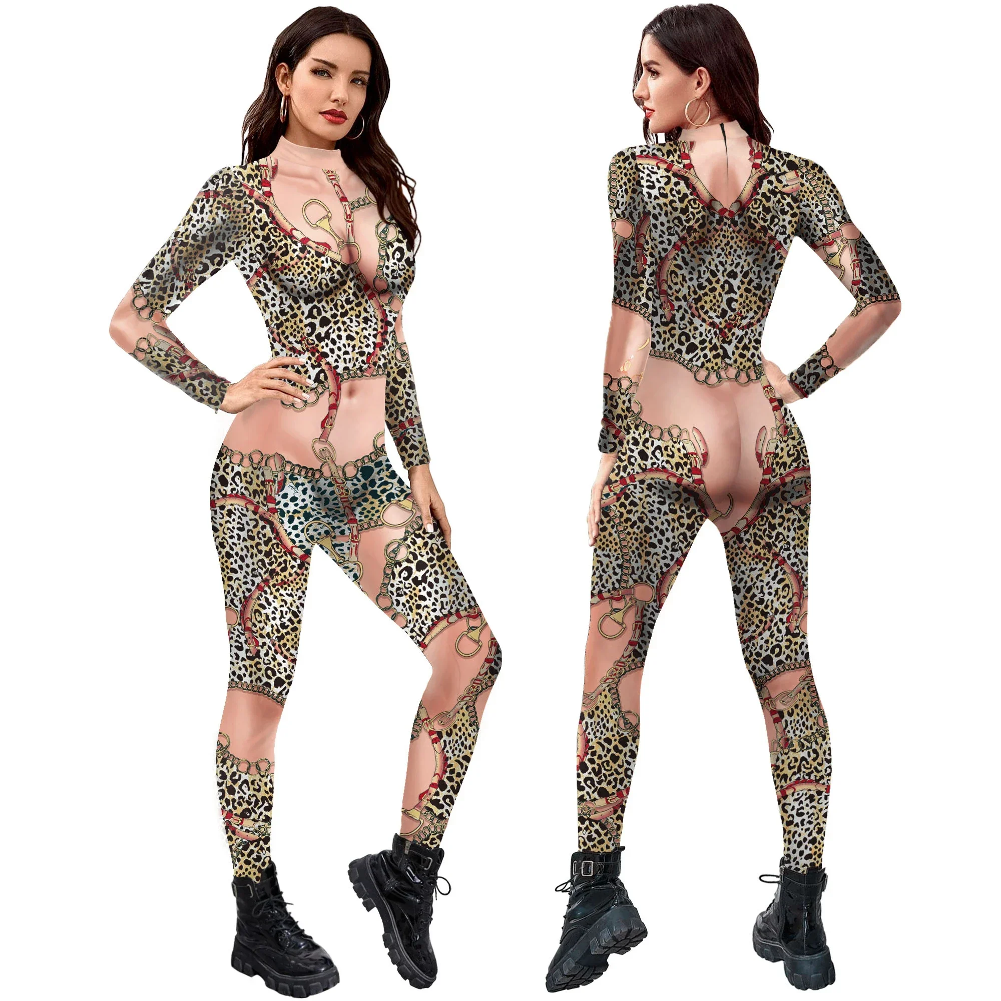 Teanoon-Catsuit de gato para mujer, mono ajustado Sexy con estampado de leopardo de color carne, traje de fiesta Zenti de manga larga, uniforme, Catsuit