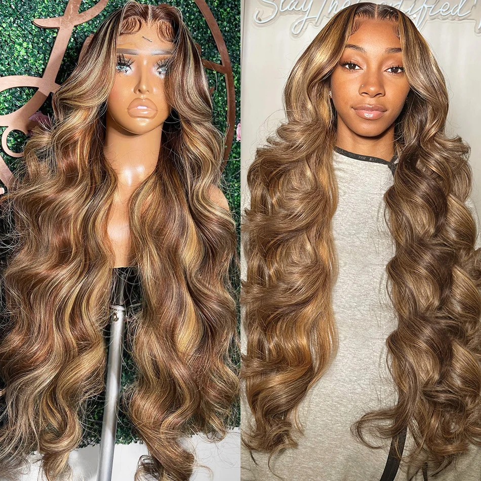

300% Highlight 4/27 13x6 HD Blonde Ombre Color Body Wave Lace Front Human Hair Wigs 30 34 Inch 13x4 Lace Frontal Pre Plucked Wig
