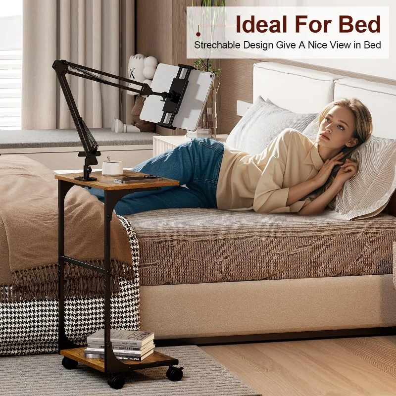 Height Adjustable Bedside Tablet & Phone Holder Double Tier Storage Rack Mobile Laptop Stand with 360° Swivel for Bedroom Usage