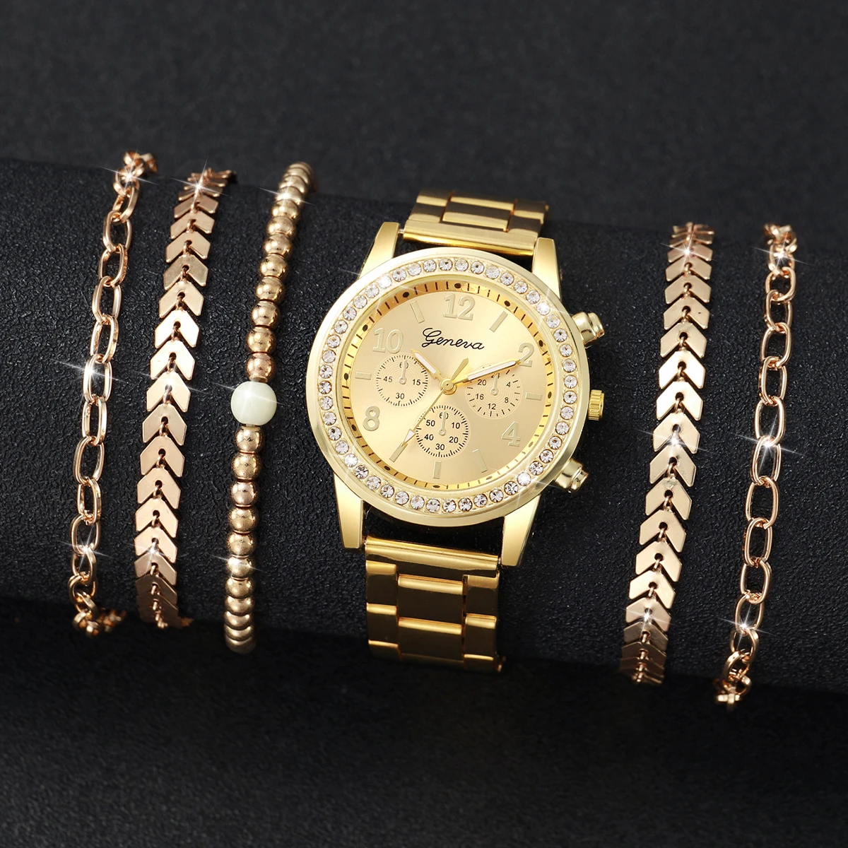 6PCs/Set Women's Watch Fashion Three Eye Dial Stainless Steel Strap Simple Quartz Watch Set with Gold Bracelet