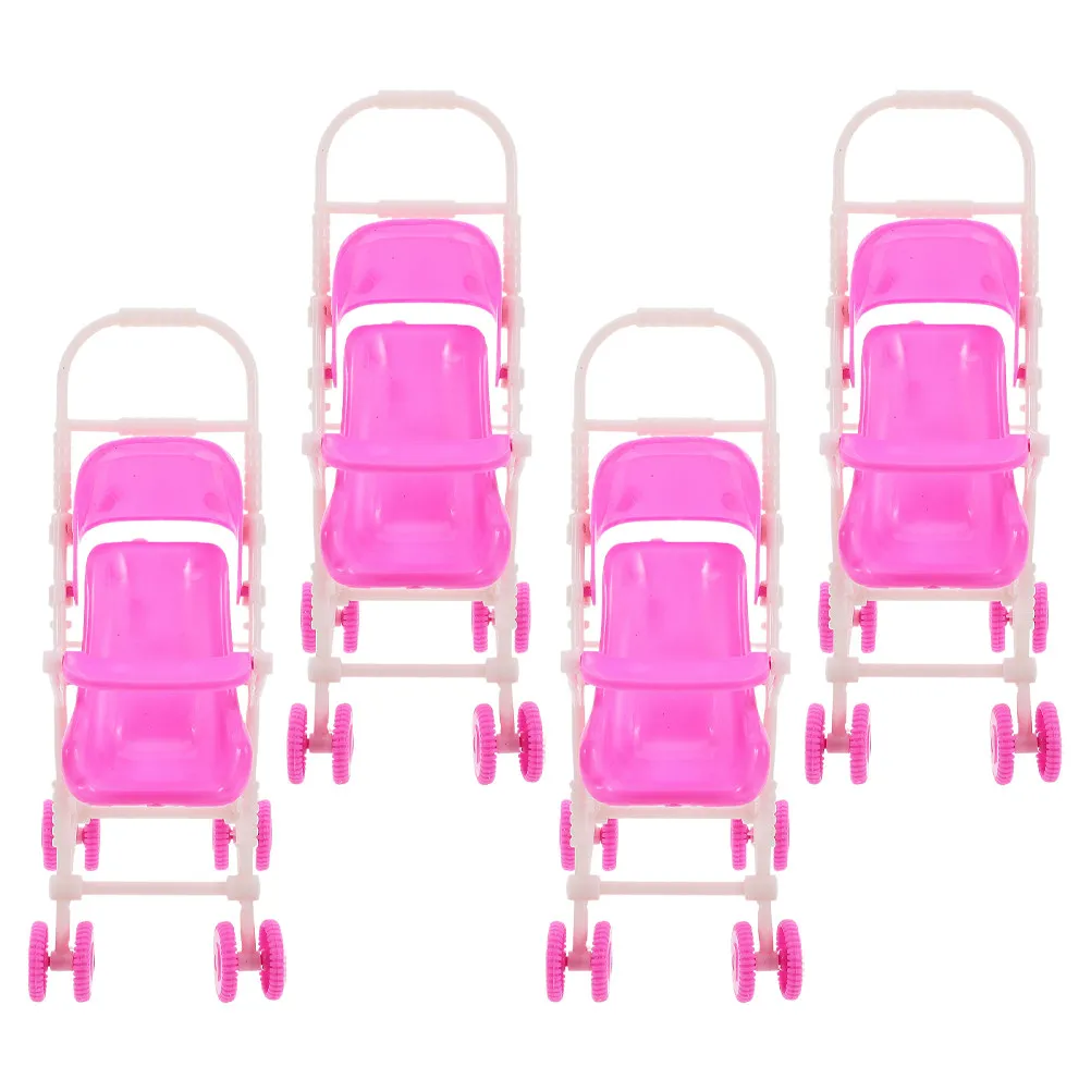 

4Pcs Baby Stroller Set Pink Foldable Lightweight Play Stroller for Kids Pretend Play Baby Dollhouse Accessory Dollhouse Decor