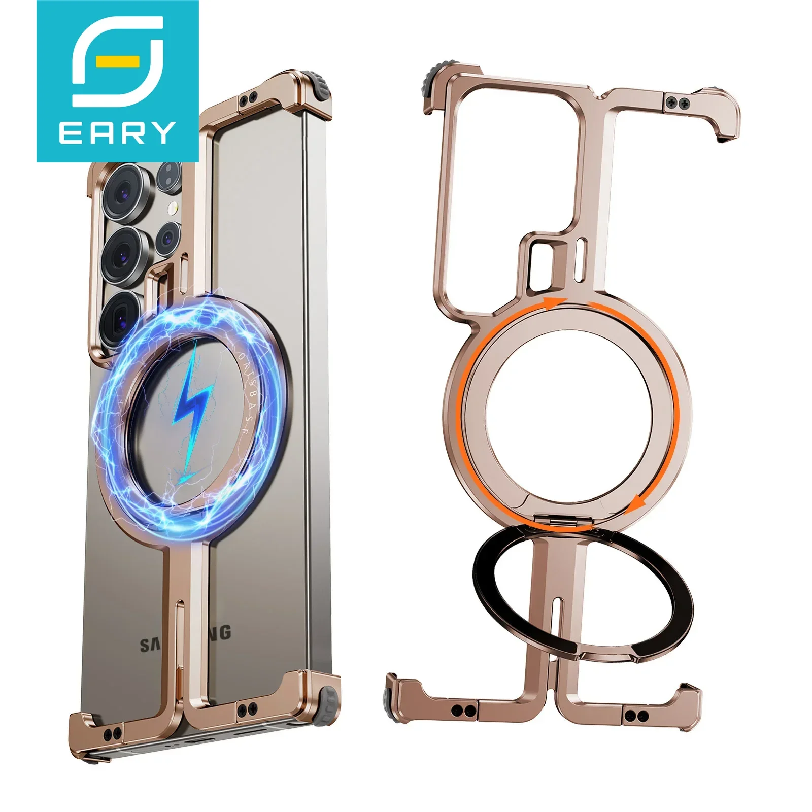 Eary Metal Frameless Case for Samsung Galaxy S25 Ultra with Magsafe Magnetic Kickstand 360°Rotatable Shockproof Slim Phone Cover