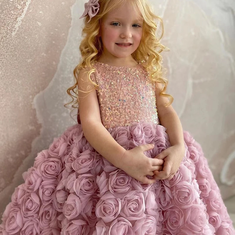 New  Sequin Rose Flower Fairy Bow Princess Girls Dress