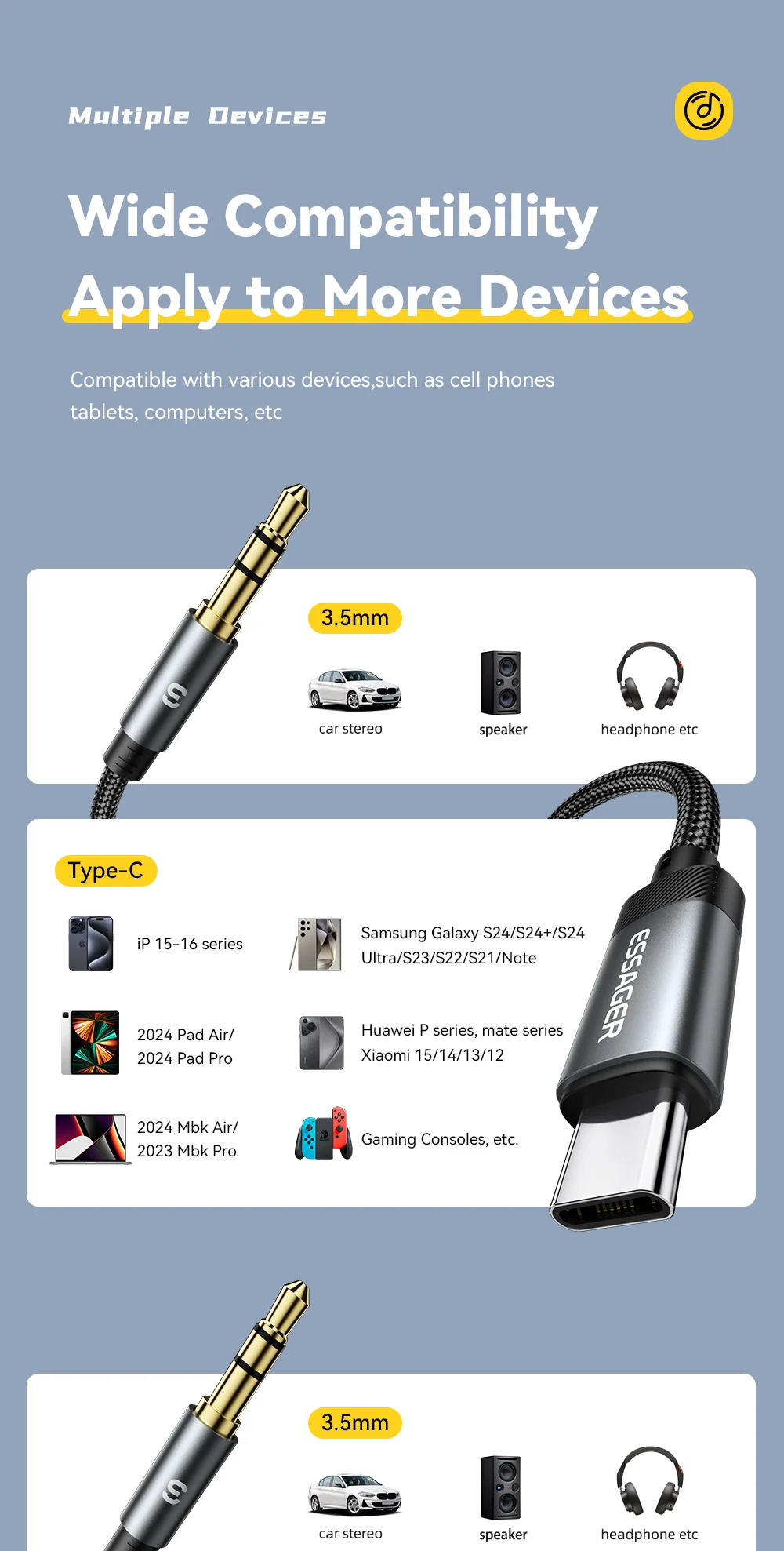Essager Type C/USB-A/Lightning To 3.5mm Jack AUX Cable Audio Adapter for Phone Headphones Car HIFI Stereo Sound Audio Connector