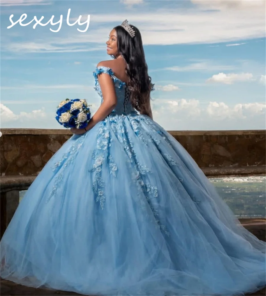 Cinderalle Light Blue Vestidos De 15 Quinceañera 2024 Sixteen Birthday Party Dress Elegant Off Shoulders Appliques Lace Florals