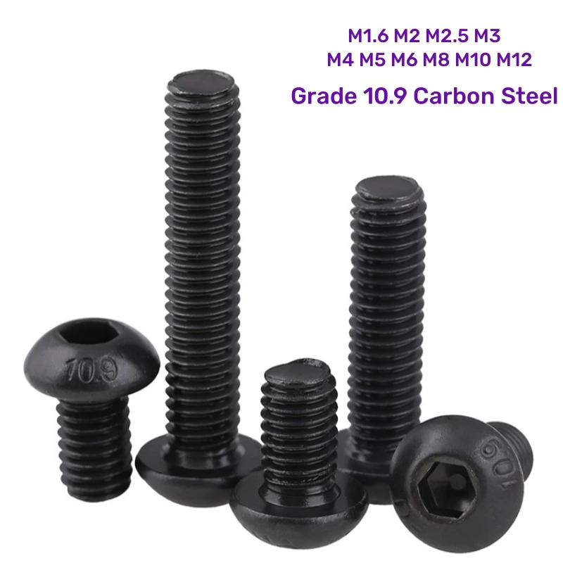 M1.6 M2 M2.5 M3 M4 M5 M6 M8 M10 M12 Black Grade 10.9 Carbon Steel Hexagon Hex Socket Button Allen Head Screw Bolt Length 3~100mm