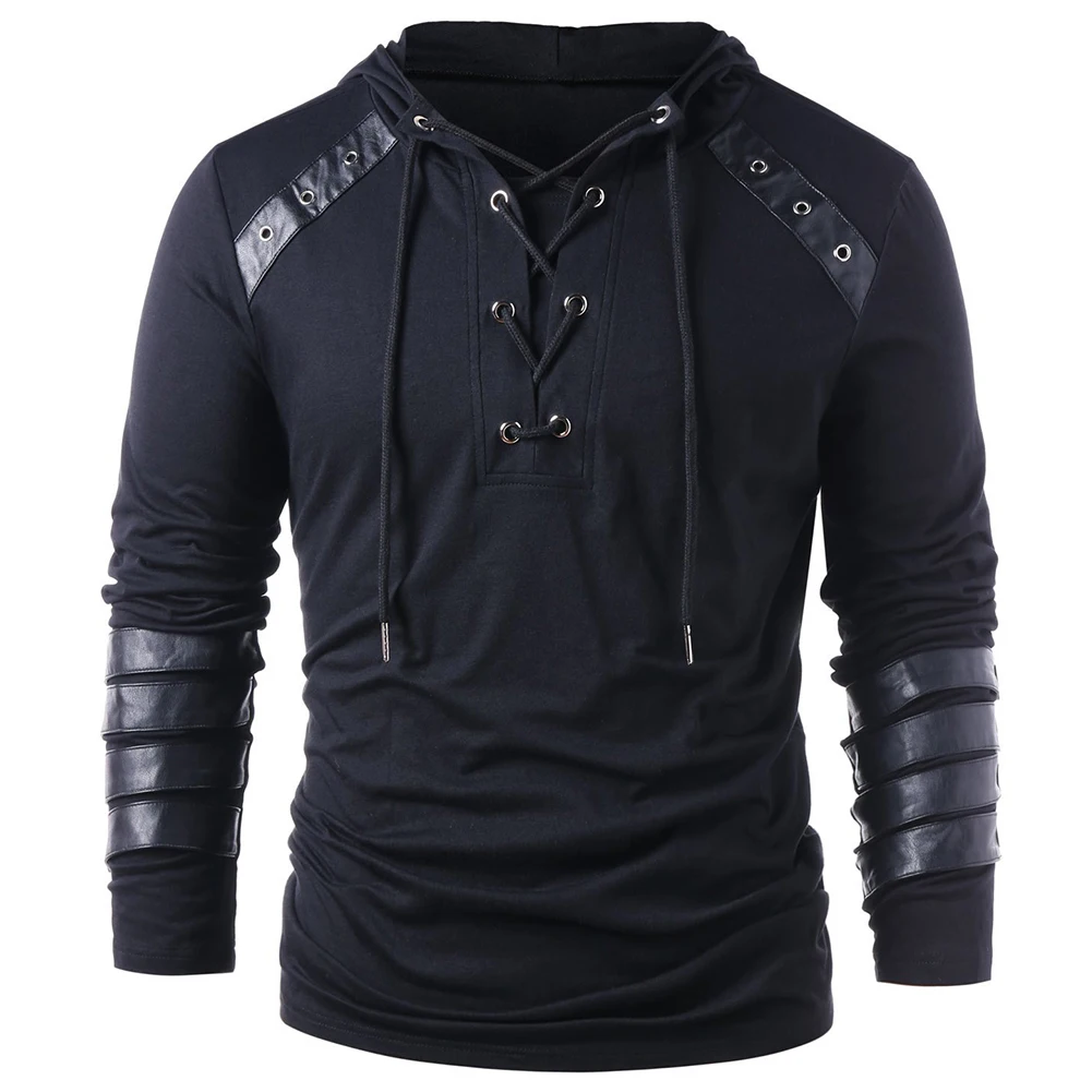 Uomo adulto cavaliere medievale felpa con cappuccio Gothic Steampunk coulisse Lace up Leather Armor felpa manica lunga Pullover normale