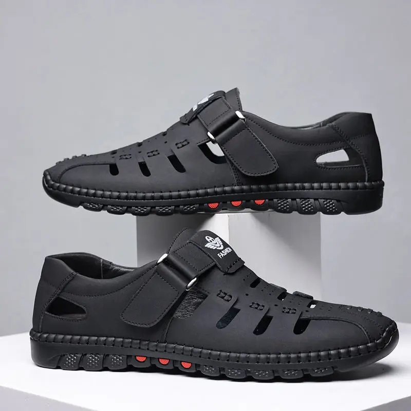 

Мужские летние сандалии, кожаные полые мужские сандалии, дышащая повседневная обувь, обувь с нескользящими отверстиями, мужские пляжные сандалии, обувь для мужчин