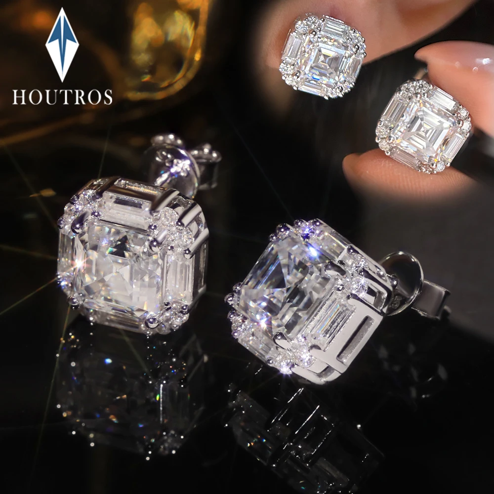 

7x7mm 2CT Asscher Cut All Moissanite Stud Earrings Baguette and Round Cut Halo Stud Earrings 925 Sterling Silver Jewelry Gift
