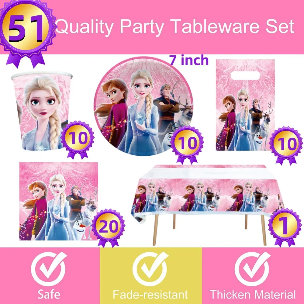 51/81Pcs Frozen Party Disposable Tableware Set Pink Elsa Anna Paper Cup Plate For Kid Birthday Babay Shower Party Decor Supplies