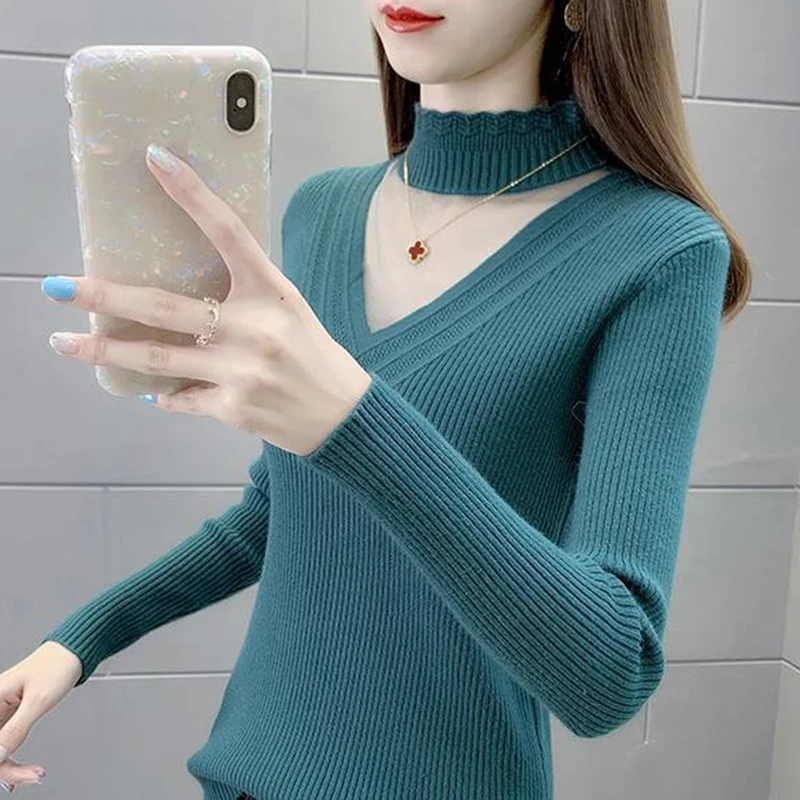 Half-necked Knitted Sweater Women's Fashion Base Sweater 2023 Autumn And Winter New Lace Slim Long-sleeved Pullover Maoyinv