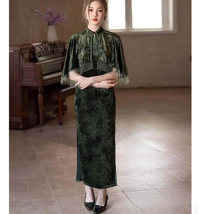 otono-verde-oscuro-estilo-largo-cheongsam-mejorado-retro-vestido-ajustado-chal-conjunto-de-dos-piezas