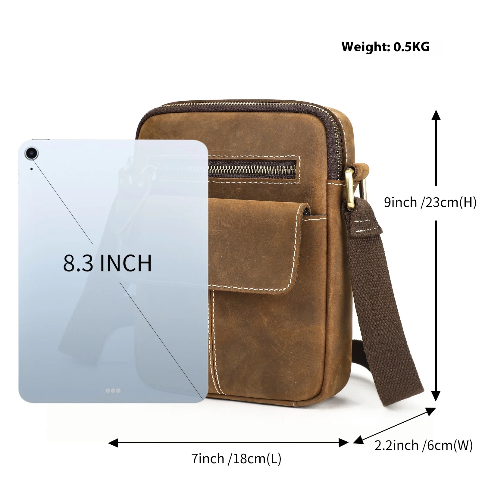 Bolsa crossbody de couro genuíno para homens – Bolsa mensageiro clássica vintage, couro de cavalo louco, ideal para uso externo e casual